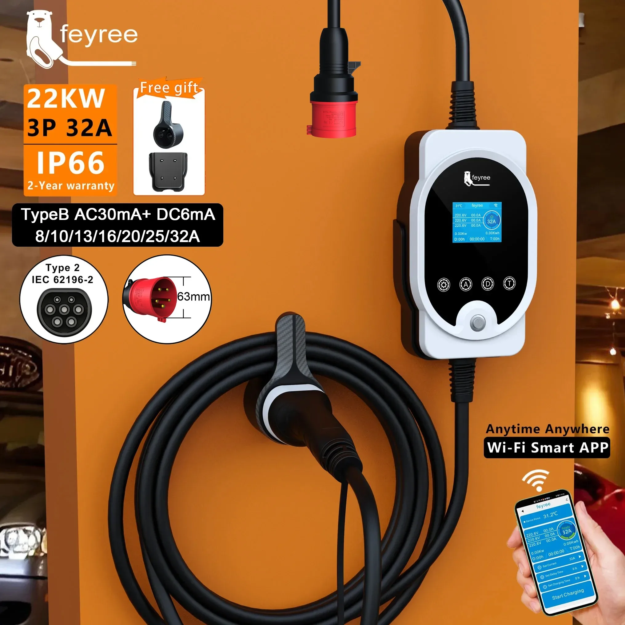 Ev Charger Type 2 22Kw 32A 3 Phase - شاحن Feyree بقوة 22 كيلو واط